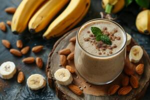 uma vidro do batido com bananas e amêndoas em uma de madeira mesa foto