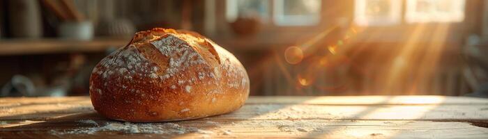 a artesanal pão pão descansos em uma rústico de madeira mesa, banhado dentro a dourado brilho do transmissão luz solar foto
