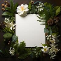 topo Visão do Casamento brincar com branco Folha do papel entre a folhagem e flores foto