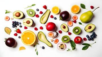 topo Visão do saudável comida, frutas, legumes isolado em branco fundo. foto