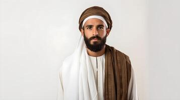 ai gerado retrato do bonito árabe muçulmano homem com tradicional equipamento foto