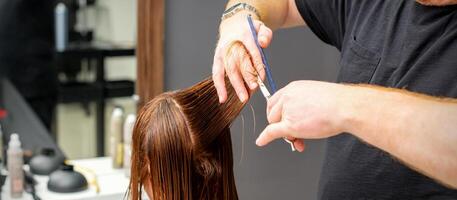 mulher tendo uma Novo corte de cabelo. masculino estilista de cabelo corte Castanho cabelo com tesouras dentro uma cabelo salão. foto