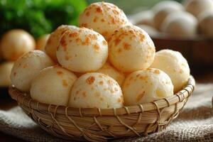 pao de queijo brasileiro queijo pão dentro a cozinha mesa profissional publicidade Comida fotografia foto