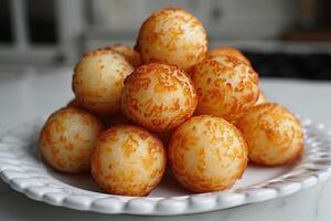 pao de queijo brasileiro queijo pão dentro a cozinha mesa profissional publicidade Comida fotografia foto