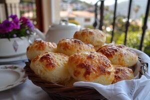 pao de queijo brasileiro queijo pão dentro a cozinha mesa profissional publicidade Comida fotografia foto