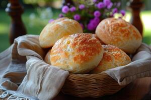 pao de queijo brasileiro queijo pão dentro a cozinha mesa profissional publicidade Comida fotografia foto