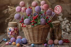 doces produtos com cesta profissional publicidade Comida fotografia foto