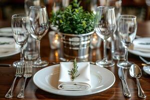 uma jantar prato e talheres para uma Casamento às uma luxo hotel publicidade Comida fotografia foto