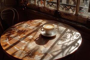 manhã quente copo do café dentro a cafeteria mesa profissional publicidade Comida fotografia foto