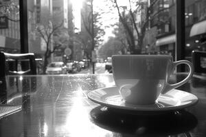 manhã quente copo do café dentro a cafeteria mesa profissional publicidade Comida fotografia foto