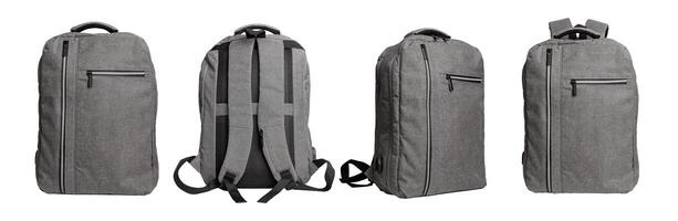 cinzento mochilas, saco frente, costas e lado Visualizações definir, isolado em branco fundo foto