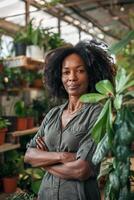 Preto o negócio mulher dentro uma jardim Centro cercado de vegetação foto