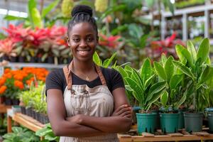 Preto o negócio mulher dentro uma jardim Centro cercado de vegetação foto