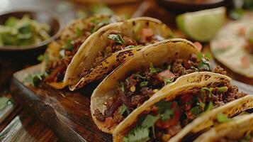 prato de tacos na mesa de madeira foto