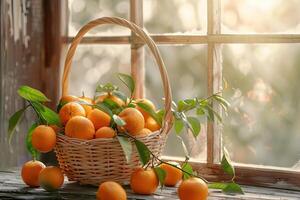 tangerinas com folhas dentro uma lindo cesta em de madeira mesa em janela fundo foto