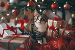 cheio do blubs Natal árvore e embrulhado apresenta presente caixas com uma gato dentro uma quarto foto