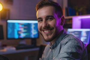 sorridente jovem programador encarando em linha reta às Câmera enquanto sentado às dele escrivaninha foto