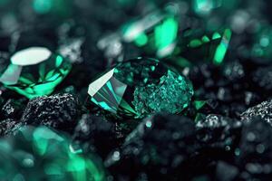 a esmeralda pedra preciosa joalheria foto com Preto pedras e Sombrio iluminação.