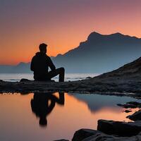 uma homem sentado dentro frente do uma montanha às pôr do sol foto