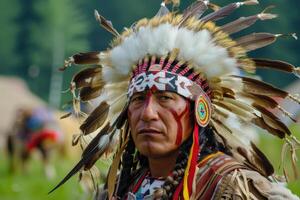 reconstruído norte americano indiano dentro tradicional traje. foto