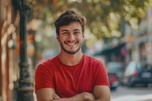 feliz jovem homem dentro vermelho camisa sorridente com cruzado braços. foto