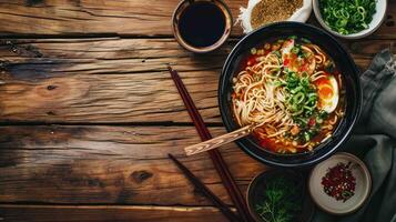 picante missô ramen em uma de madeira de mesa foto