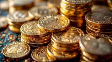 múltiplo pilhas do brilhante ouro moedas em uma superfície com uma caloroso fundo , foto