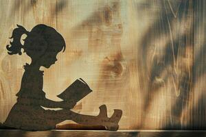 papel silhueta do uma pequeno menina lendo uma livro em uma de madeira fundo. foto