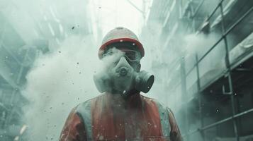 uma especializado construção trabalhador, adornado com uma nota alta poeira mascarar, navegação uma construção local no meio uma nuvem do vidro lã partículas. foto