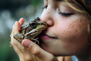 uma fechar acima do uma jovem mulher se beijando uma rã. foto