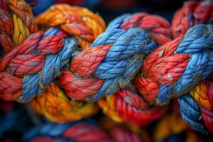 vívido e colorida fechar-se do trançado cordas dentro vermelho, laranja, e azul, exibindo detalhado texturas foto