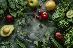 variedade do fresco verde legumes e frutas em uma Sombrio temperamental superfície, saudável Comida conceito foto