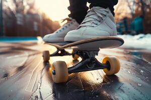 urbano skate às pôr do sol em molhado asfalto foto