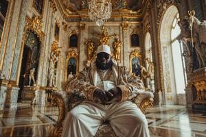 rapper exala luxo e autoridade sentado dentro a ornamentado, dourado Palácio quarto foto