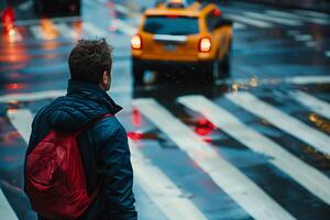 homem esperando para Cruz chuvoso cidade rua foto