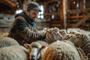 feliz agricultor vínculo com rebanho do ovelha dentro celeiro foto