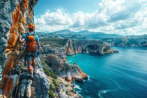 alpinista equipado com engrenagem sobe uma áspero penhasco negligenciar uma sereno azul mar foto