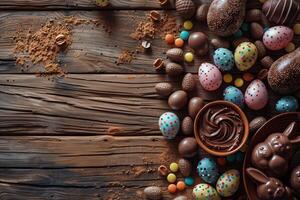 abundância do Páscoa chocolate guloseimas em de madeira mesa foto