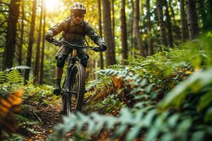 ativo ciclista manobras ao longo uma limitar bosque caminho, cercado de exuberante vegetação foto