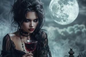 misterioso gótico mulher com vinho vidro foto