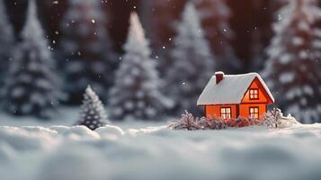 Natal miniatura com casa e abeto floresta, Natal e Novo ano conceito foto