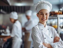 sorridente mulher chefe de cozinha dentro branco conduzindo culinária equipe dentro moderno cozinha foto