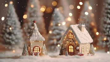 Natal miniatura com casas e abeto floresta, Natal e Novo ano conceito foto