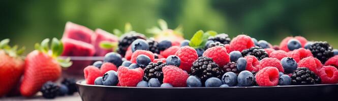 verão bagas piquenique bandeira com uma colorida seleção do fruta foto