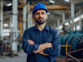 retrato do indústria manutenção engenheiro dentro azul com focado olhar foto