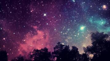 estrelado noite fundo com místico nebulosa sobre floresta silhueta foto