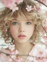 cabelo encaracolado jovem menina com azul olhos entre Rosa flores foto