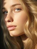 lindo jovem mulher com loiro cabelo e azul olhos. natural beleza fechar-se do uma topo modelo com brilhando saudável pele foto