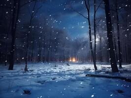 conto de fadas noite floresta coberto com neve dentro a luar. inverno panorama. Novo ano conceito foto
