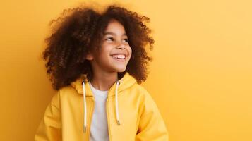 africano americano menina dentro amarelo moletom com capuz olhando longe com cópia de espaço para Publicidades foto